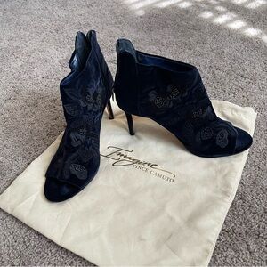 Vince Camuto Velvet Embroidery Open Toe Pumps